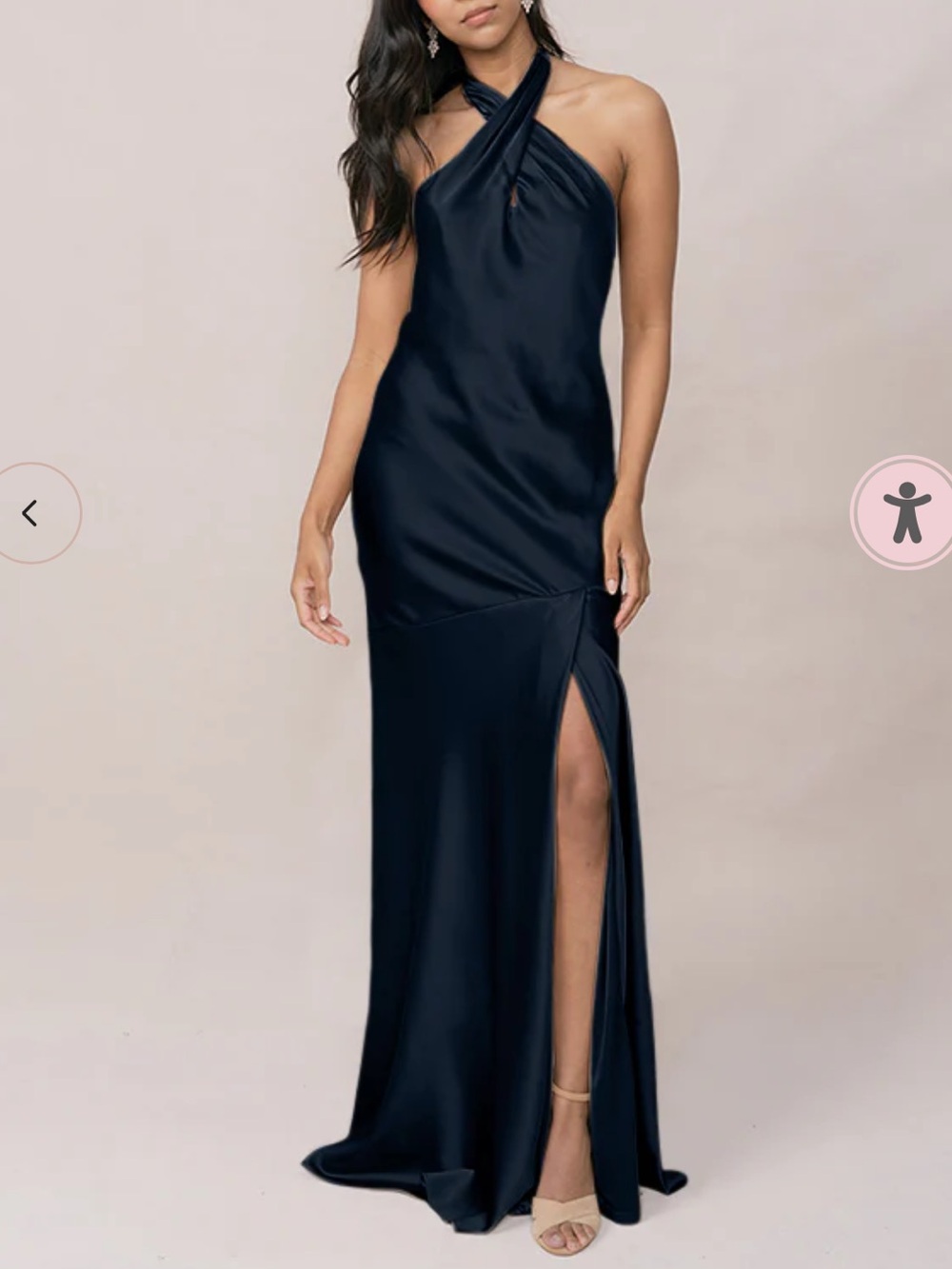 Revelry Athena Navy Blue Halter Satin Evening Gown with Side Slit